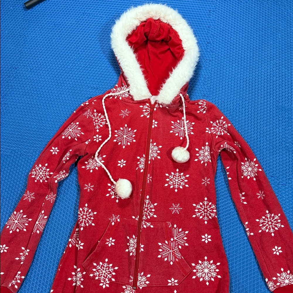 Bethany Mota Red Hooded Onesie with White Fur Trim